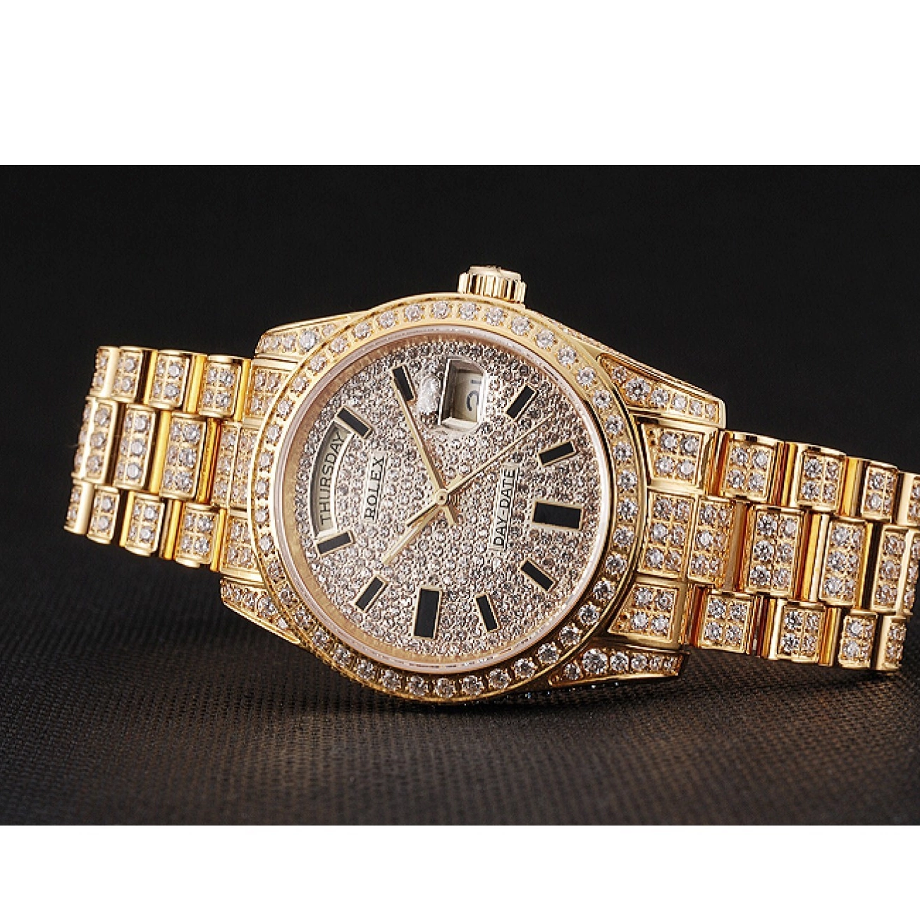 Aaa replica watch Day Gold Full Yellow Date Diamond Swiss Rolex Pave 0526